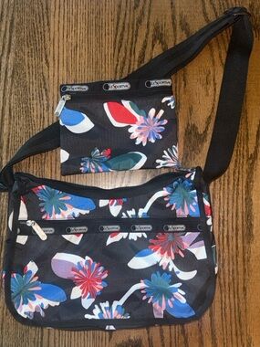 Lesportsac Black Floral Classic Hobo Bag with Blue, Red, Purple & Pink Accents